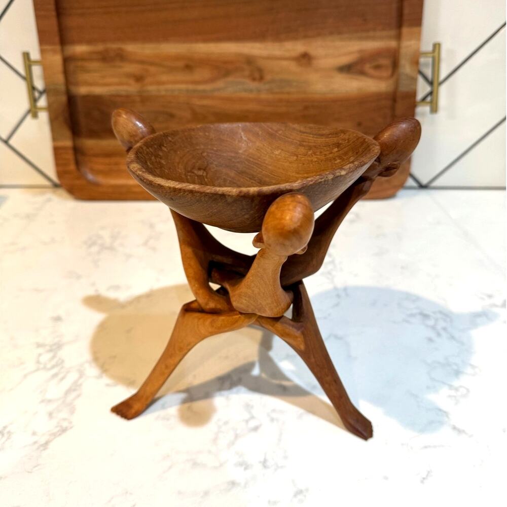 African wooden tripod unity stand bowl set abstract human figure carving vintage